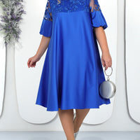Embroidered Solid Color Patchwork Round Neck Lantern Sleeve Temperament Leisure Dress