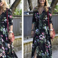 Bohemia retro national wind pattern holiday wind V collar long loose dress