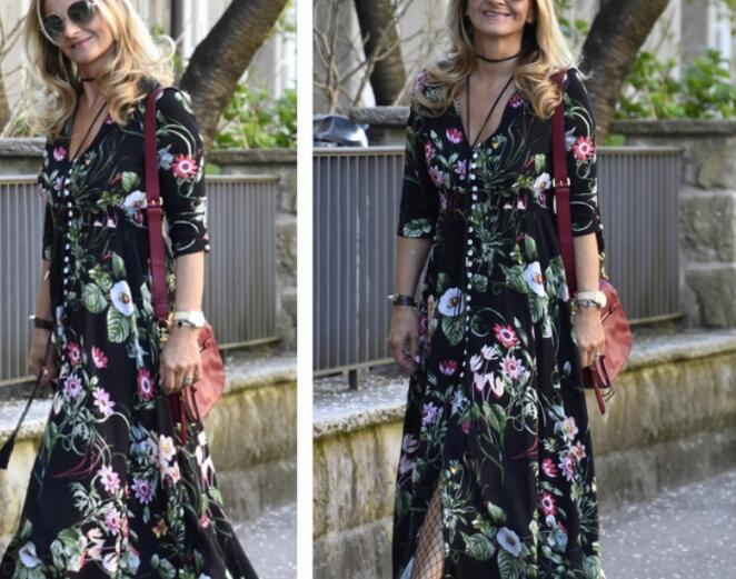 Bohemia retro national wind pattern holiday wind V collar long loose dress