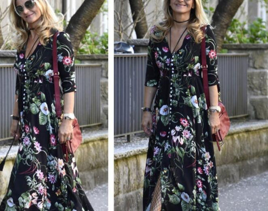 Bohemia retro national wind pattern holiday wind V collar long loose dress