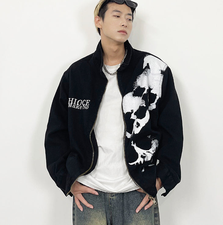 Embroidered Skull Print Black Denim Jacket