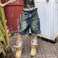 American Retro Plus Size Washed Denim Frayed Workwear With Pocket Cropped Pants