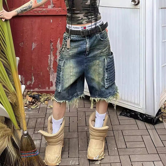 American Retro Plus Size Washed Denim Frayed Workwear With Pocket Cropped Pants