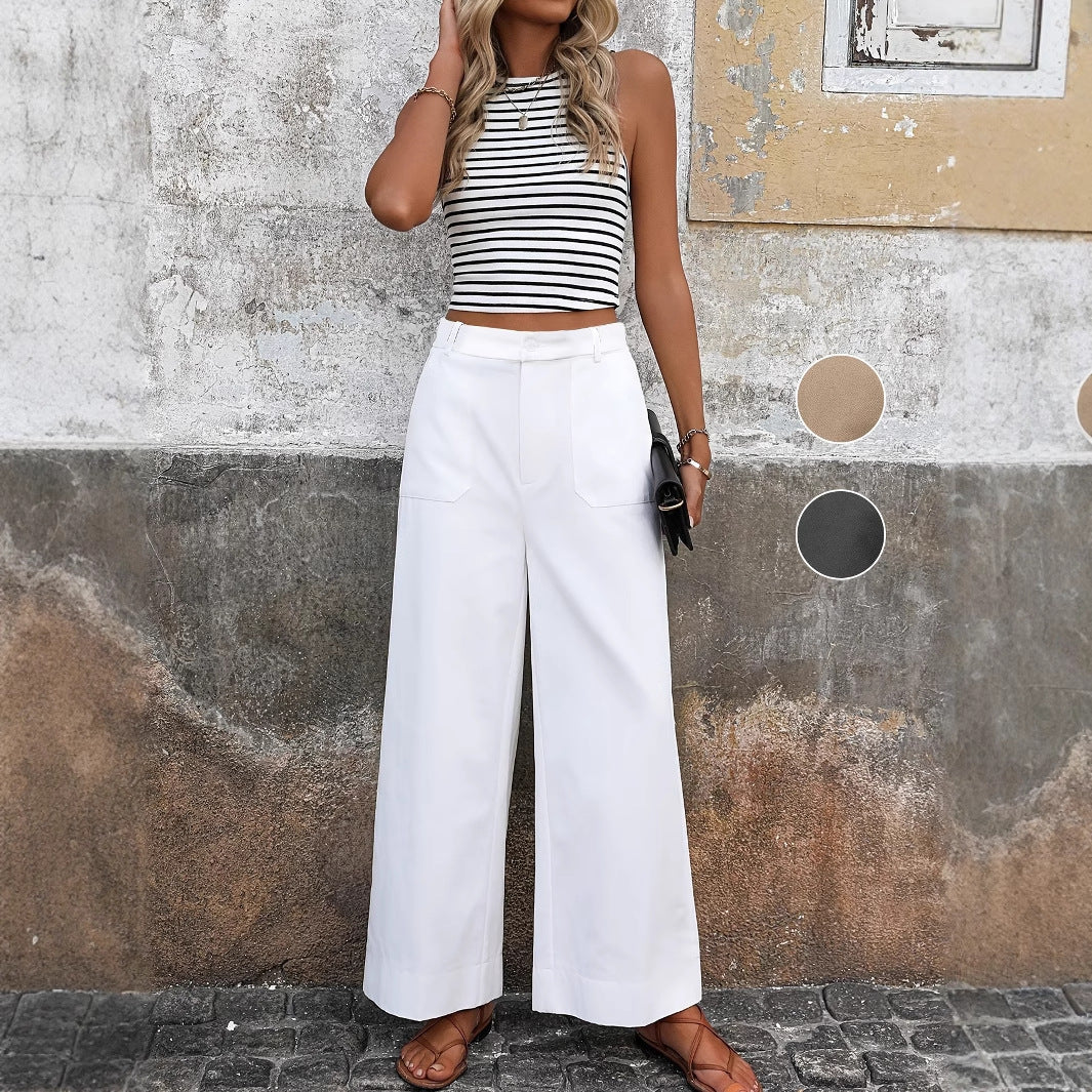 European And American Style Women's Solid Color Pants High Waist Wide Leg Trousers