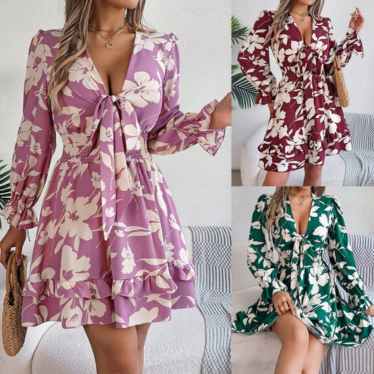 Women's Casual Flower Half Sleeve Ruffled A-line Dress