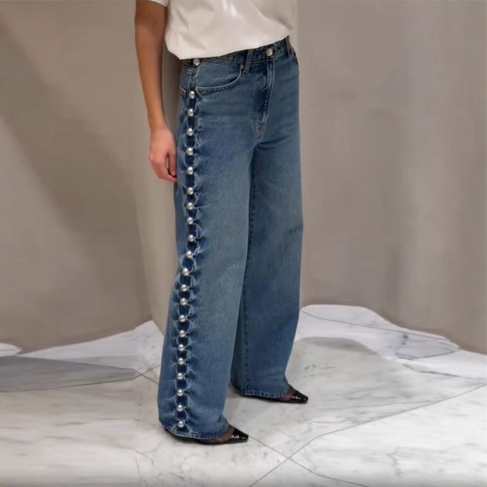 Women's Retro Design Side Round Beads Decorative Jeans