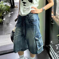 American-style Washed Loose-fit Multi-pocket Denim Capri Pants
