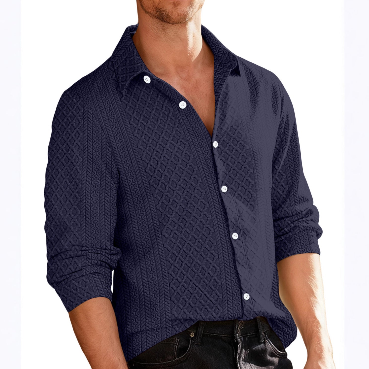 Knitted Floral Single-breasted Casual Sport Business Men's Lapel Long Sleeve Shirt