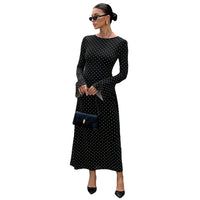 Socialite-style Black Polka-dot Dress For Women Autumnwinter Long-sleeve Ultra-low Back Figure-hugging With Tie-back Detail And Maxi Length