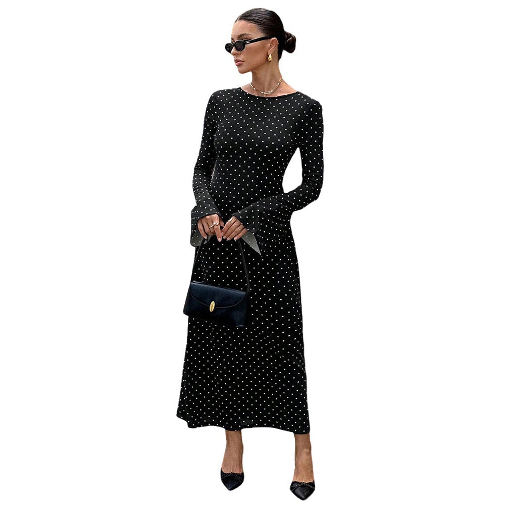 Socialite-style Black Polka-dot Dress For Women Autumnwinter Long-sleeve Ultra-low Back Figure-hugging With Tie-back Detail And Maxi Length