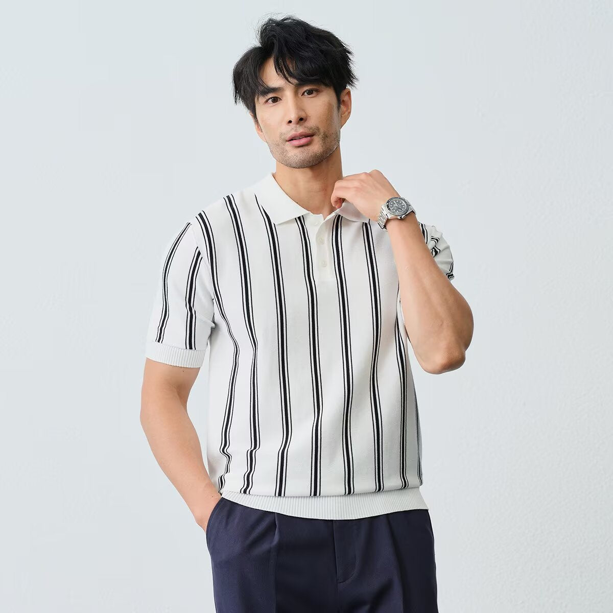 Men's Striped Short-sleeve Knitted Shirt With Lapel