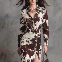 Digital-print Cardigan Long-sleeve Button-down Irregular-length Dress