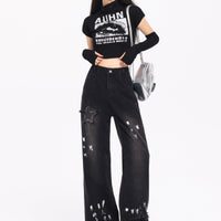 Korean Style Retro XINGX Embroidered Jeans Autumn And Winter New High Waist Splash-ink Wide Leg Straight Mop Pants