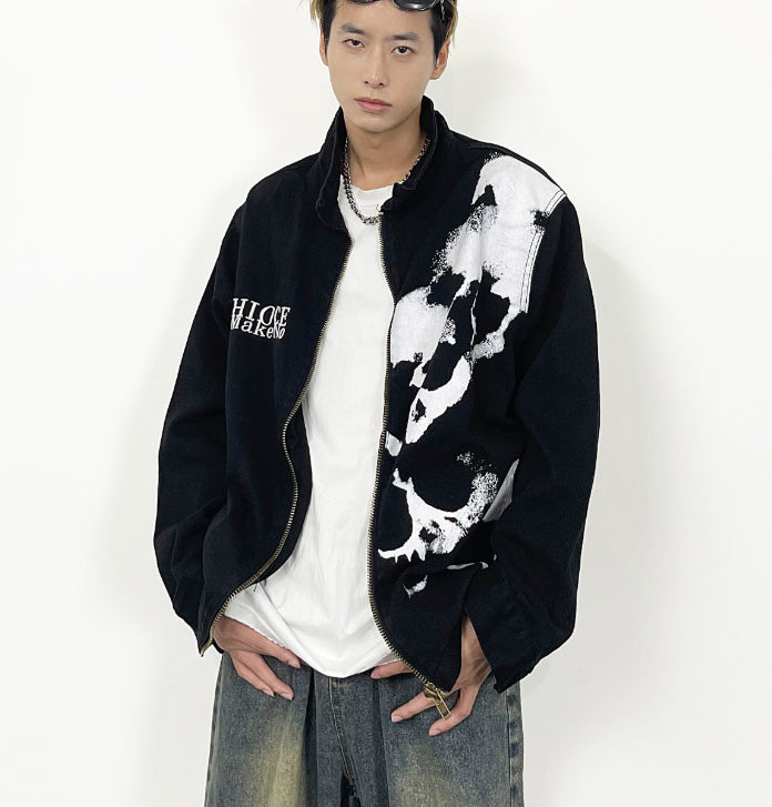 Embroidered Skull Print Black Denim Jacket