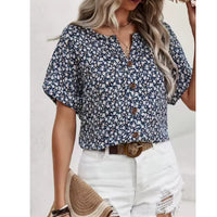 Womens Casual Plant-Print Jacquard Collar Short-Sleeve T-Shirt