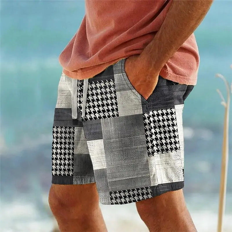 Men's Hawaiian 3D Plaid Print Beach Shorts