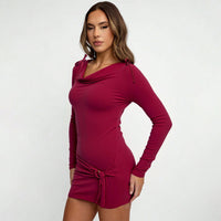 Sophisticated Mature-chic Design Wine-red Turtleneck Long-sleeve Figure-hugging Sheath Dress For Fall And Winter