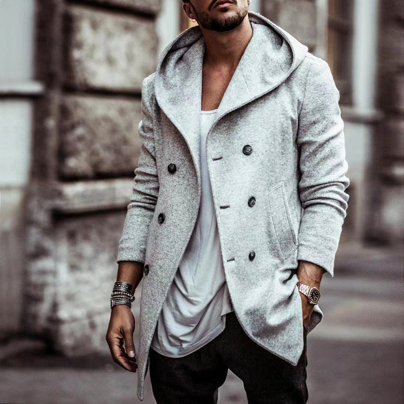 Mens Lapel Hooded Trench Coat
