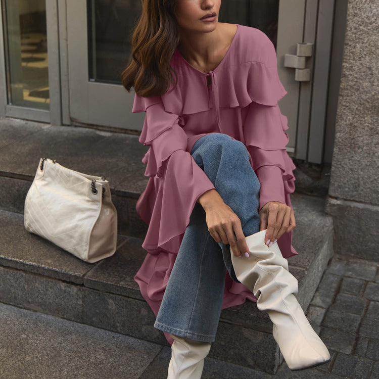 Tiered-Ruffle Long Dress Loose Lace-up Chiffon Dress