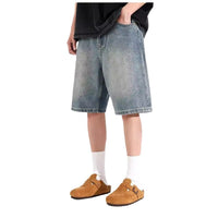 All-match Loose Straight Sports Shorts Washed Overalls Denim Shorts