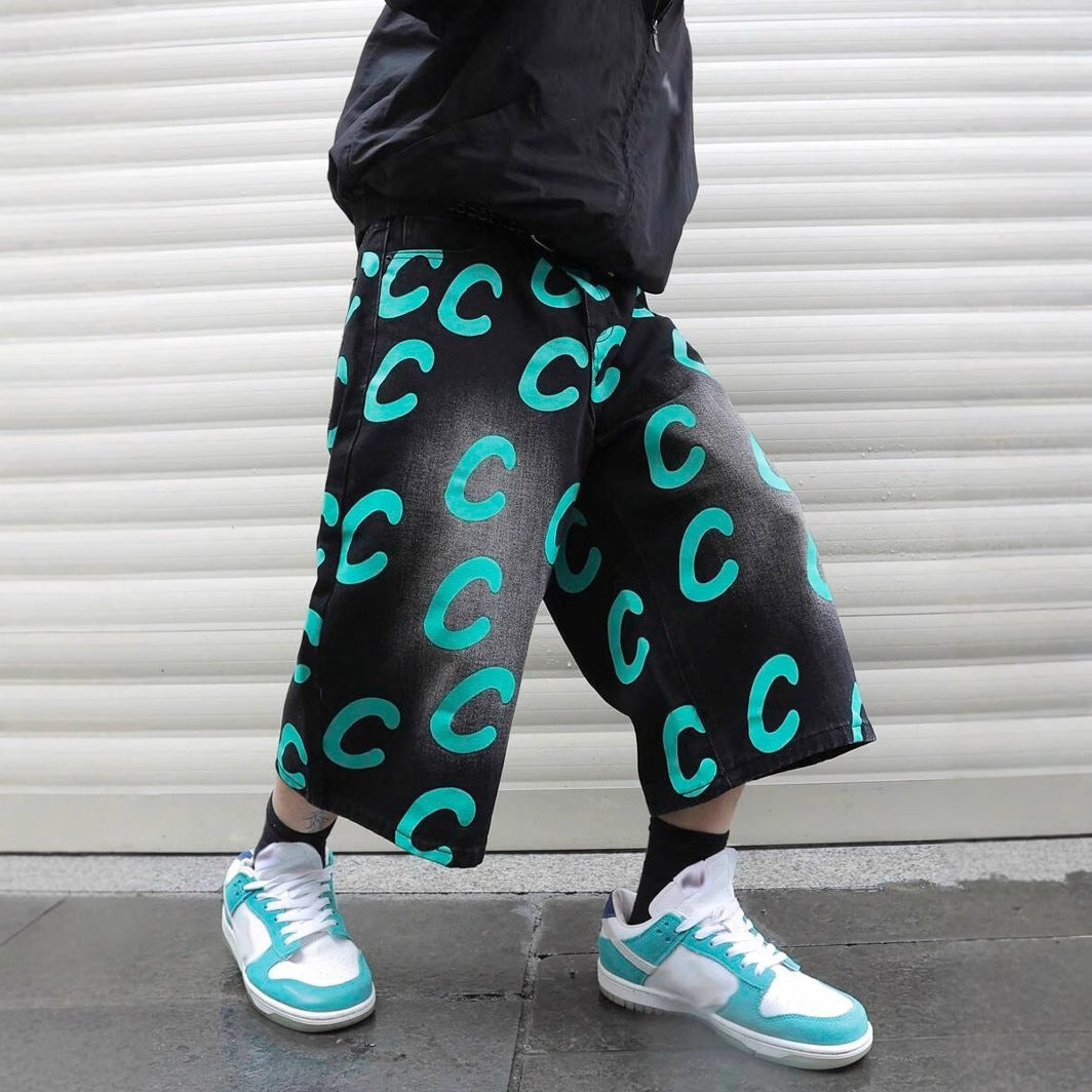 Loose Casual Straight-leg Black Denim Shorts