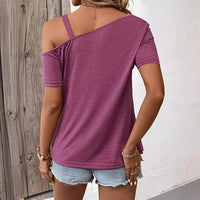 Asymmetrical Off-the-Shoulder Loose Short-Sleeve Top With A Single Metal Button