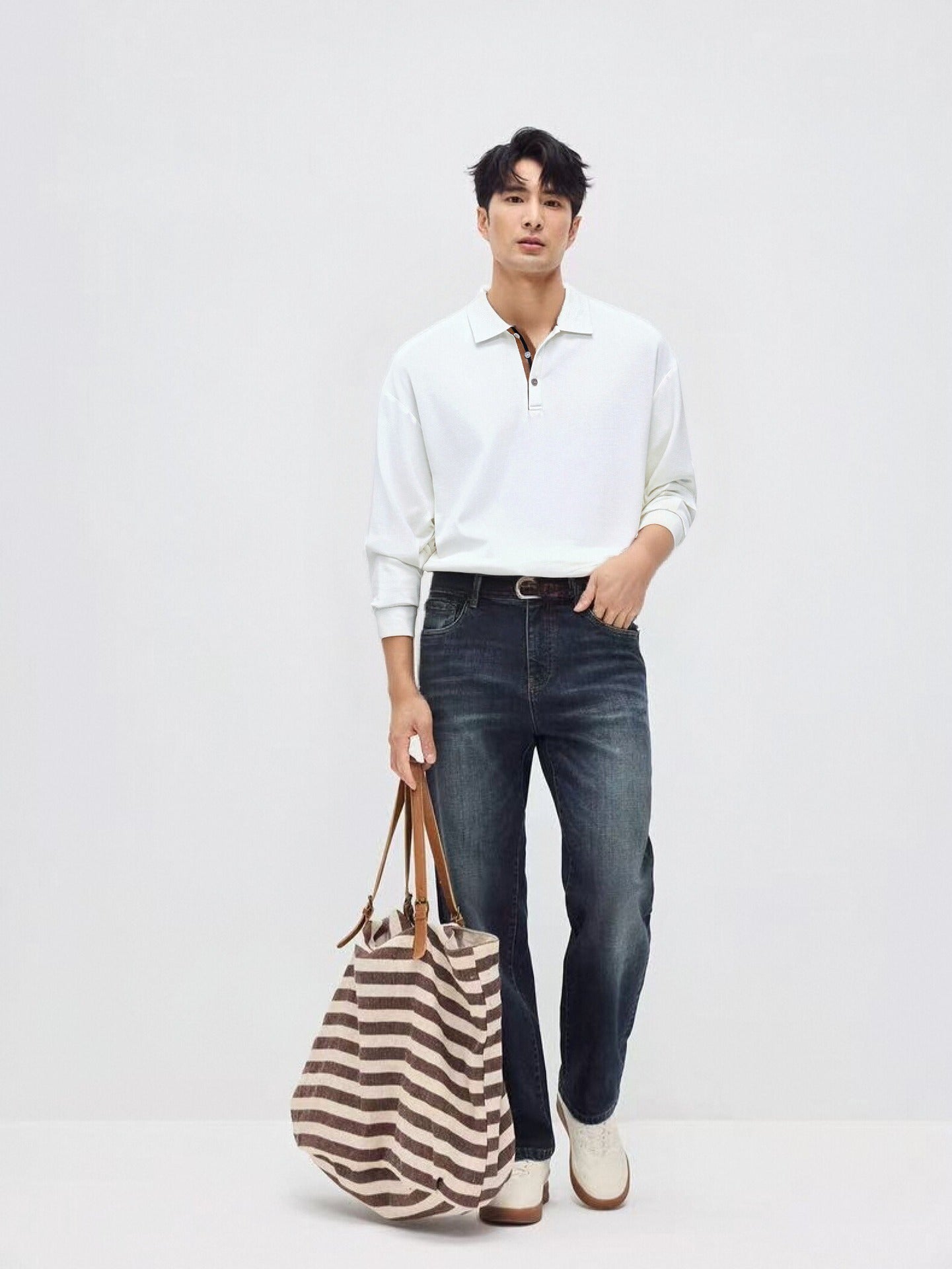 Mens Relaxed-fit Solid-color Casual Long-sleeve Shirt