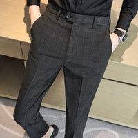 Textured Plaid Pants Slim-fit