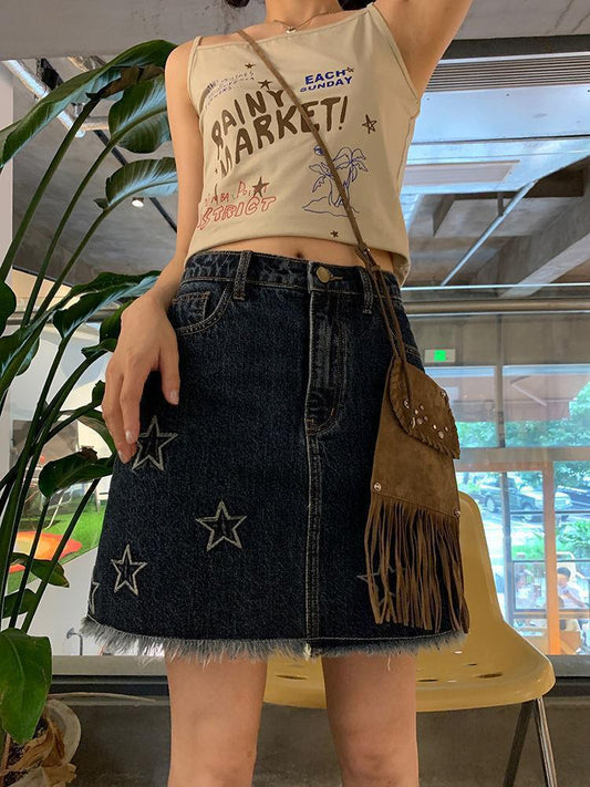 Star Embroidery American Vintage Denim Short Skirt Summer Women's High Waist Spice Girl Half Skirt Bag Hip Skirt