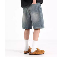 All-match Loose Straight Sports Shorts Washed Overalls Denim Shorts