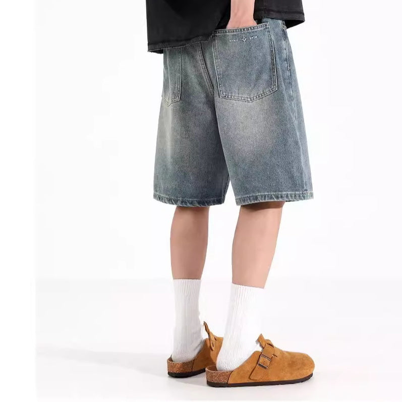 All-match Loose Straight Sports Shorts Washed Overalls Denim Shorts