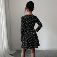 Fashionable Sweet Polka-Dot V-Neck Long-Sleeve Elastic-Waist Dress