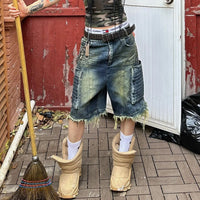 American Retro Plus Size Washed Denim Frayed Workwear With Pocket Cropped Pants