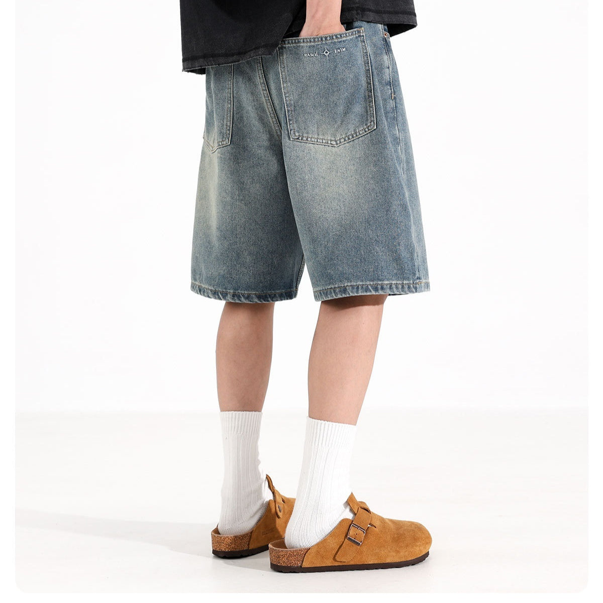 All-match Loose Straight Sports Shorts Washed Overalls Denim Shorts