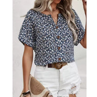 Womens Casual Plant-Print Jacquard Collar Short-Sleeve T-Shirt