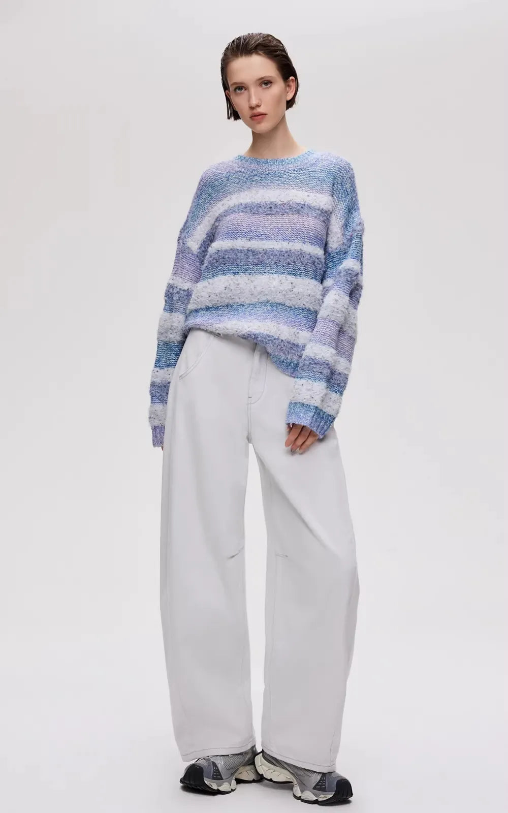 Gradient Striped Round Neck Loose-fitting Drop Shoulder Knit Sweater