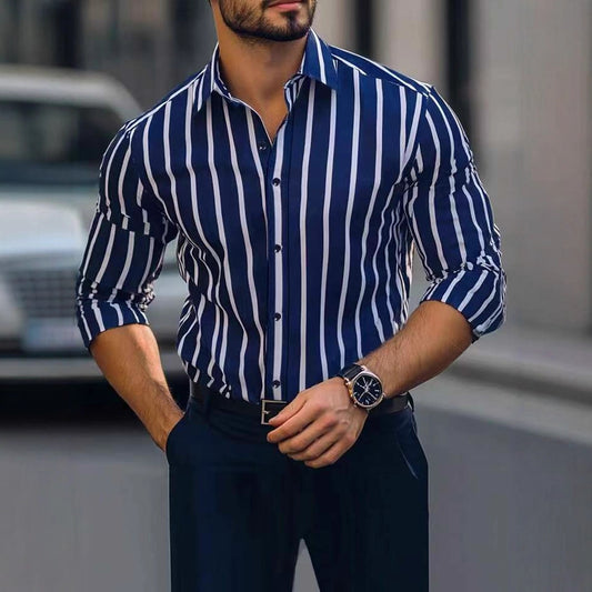 Striped Printed Casual Four-way Stretch Long Sleeve Shirt For Men