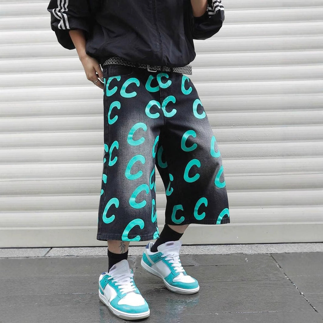 Loose Casual Straight-leg Black Denim Shorts