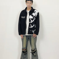 Embroidered Skull Print Black Denim Jacket