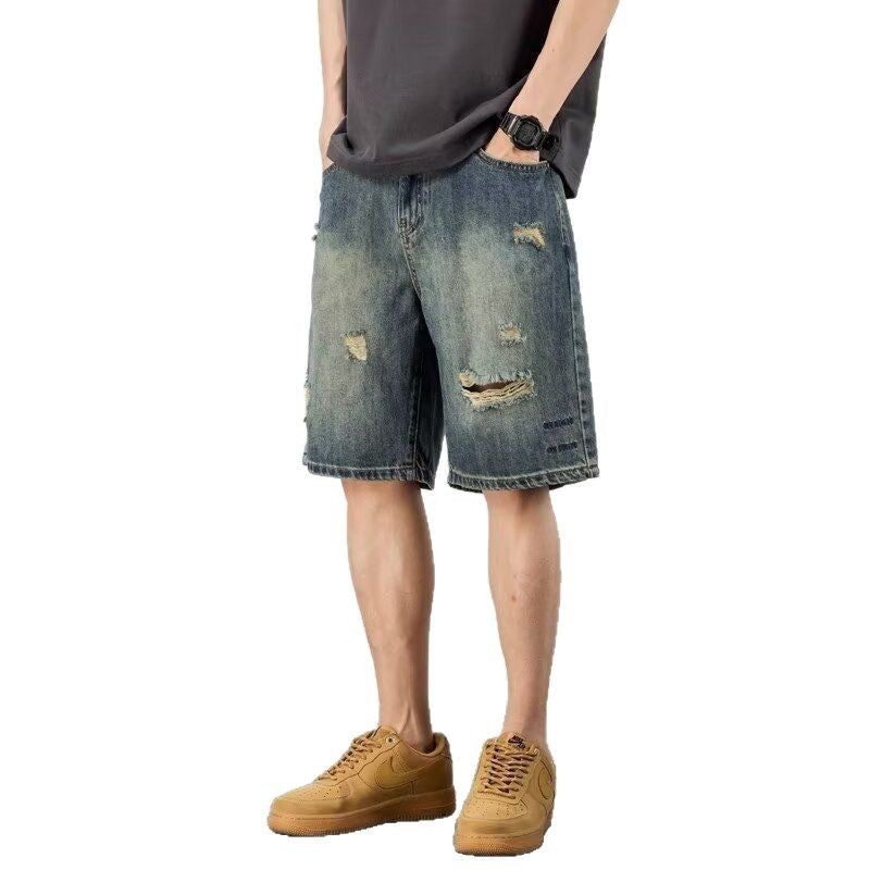 Retro Loose Hole Denim Men's Shorts