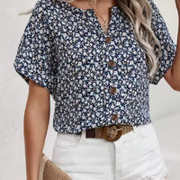Womens Casual Plant-Print Jacquard Collar Short-Sleeve T-Shirt