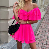 One-line neck strapless ruffle dress