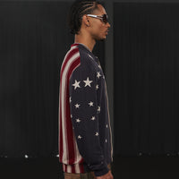 American Retro Flag XINGX Printed Striped Sweater Short Wide Long-sleeved Shirt