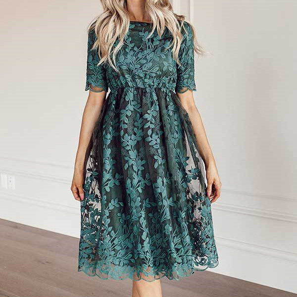 Plus Size Mid-length Lace Embroidered Short Sleeve Women's Dress