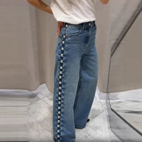 Women's Retro Design Side Round Beads Decorative Jeans