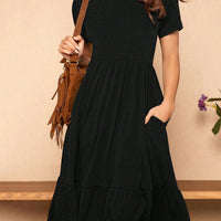 European And American Summer Pure Color Ruffles Hem Hidden Pocket Elegant Dress