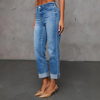 Cuffed Capri Pants, Fashionable Stretchy Whiskered Denim Jeans