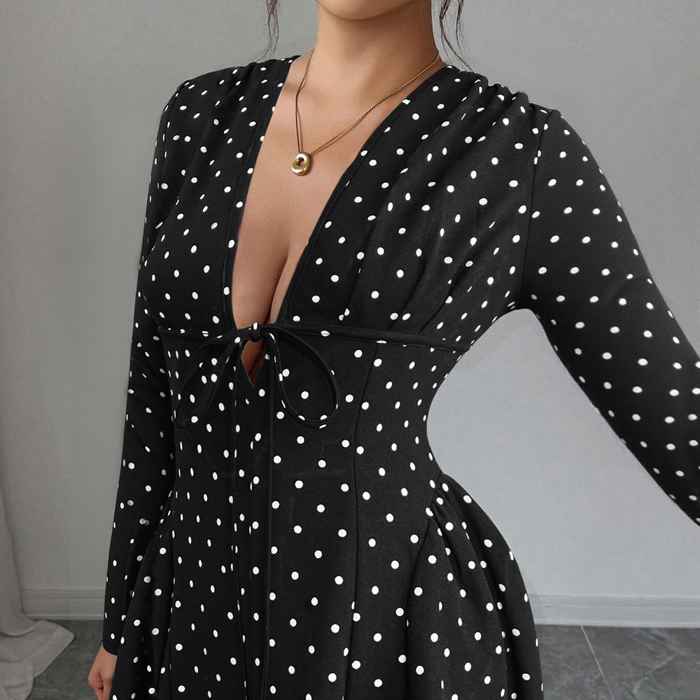 Fashionable Sweet Polka-Dot V-Neck Long-Sleeve Elastic-Waist Dress