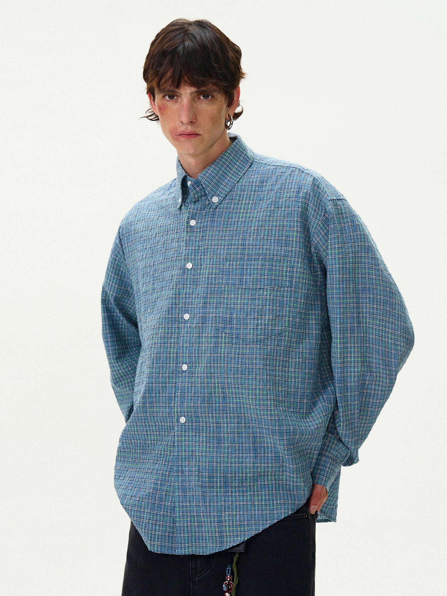 American Style Vintage Plaid Pleated Shirt