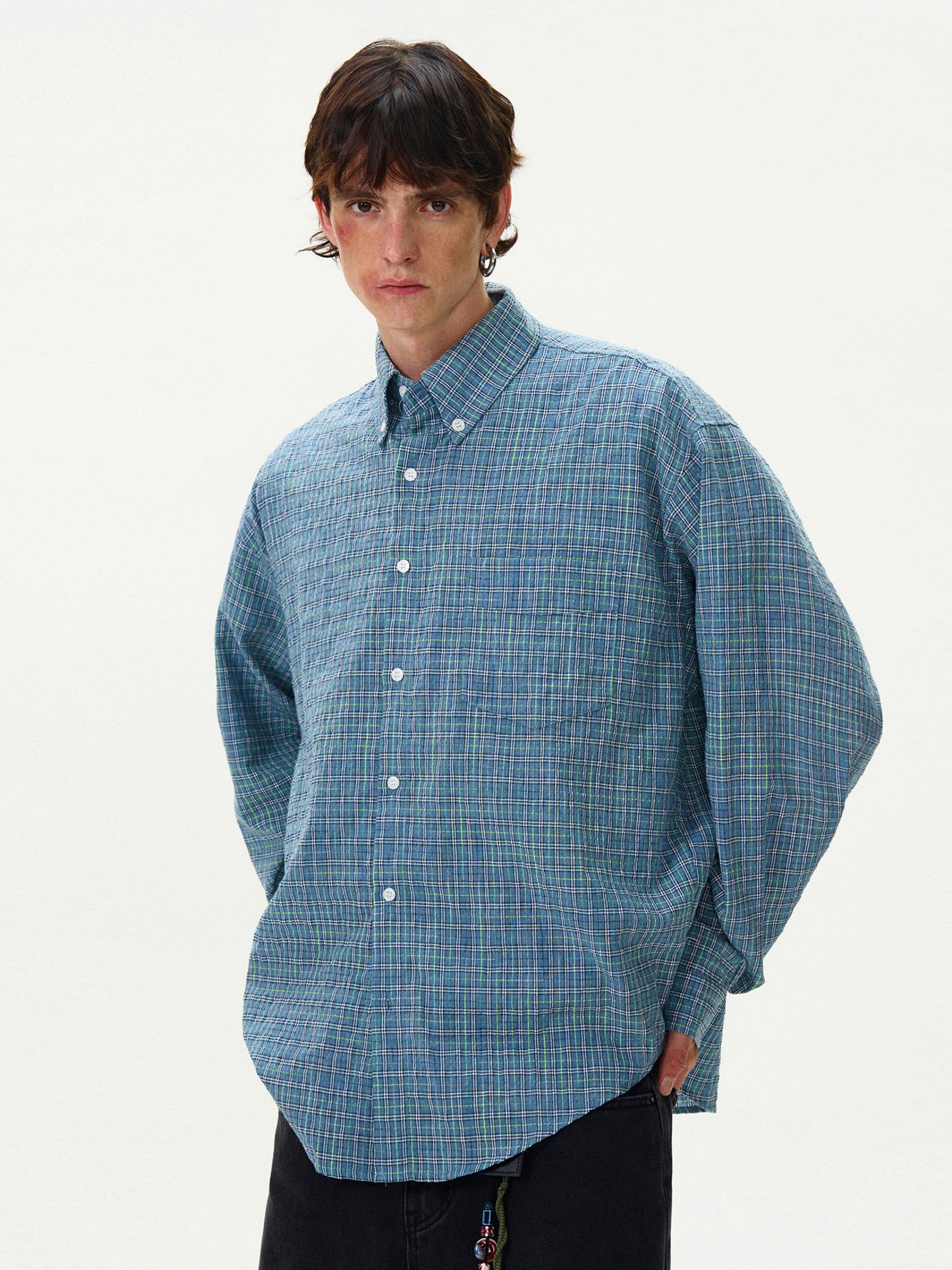 American Style Vintage Plaid Pleated Shirt